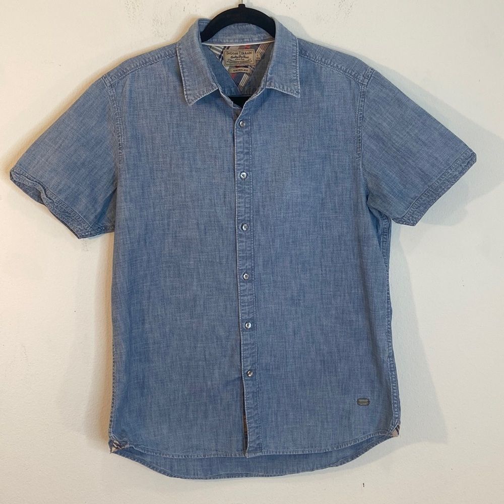 Indian Terrain Men’s Made In India Blue Chambray Short Sleeve Shirt, Size-L